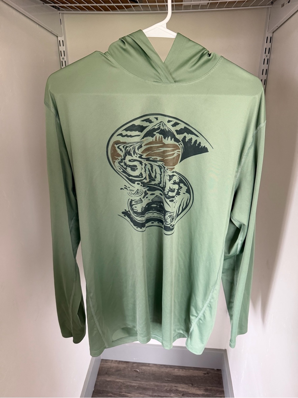 Simms Sage Green Hooded Fishing Shirt with Graphic